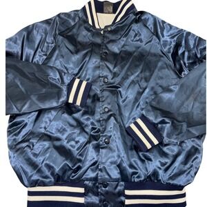VTG Aristo Jac USA Navy Blue Satin Bomber Jacket L 70s 80s Varsity Snap Blank